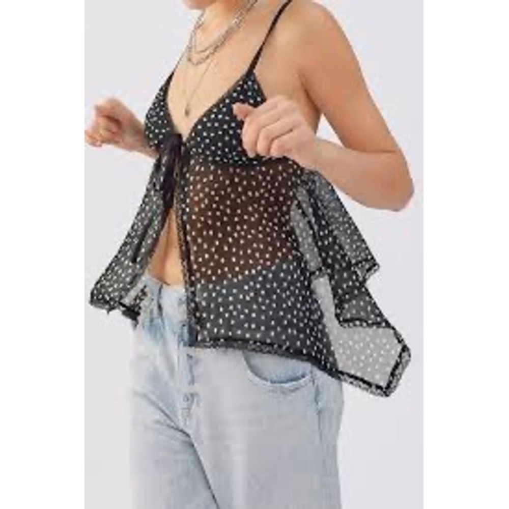 Polka Dot Sheer Mesh Lace Trim Babydoll Cami Tank Top XS Coquette Fairy Dainty